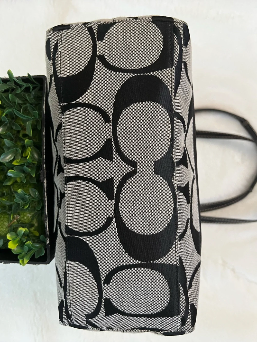 Coach Signature Stripe Tote Light Gray Black With Patent Leather